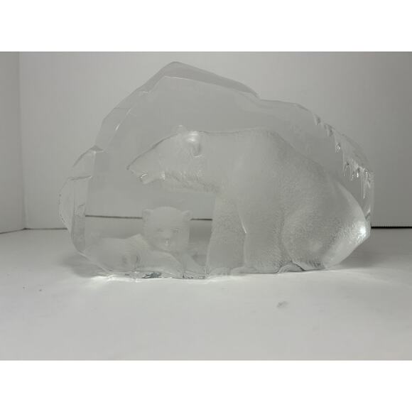 Mats Jonasson Maleras Sweden Crystal Polar Bear and Cub Heavy Glass Sculpture - Picture 1 of 16